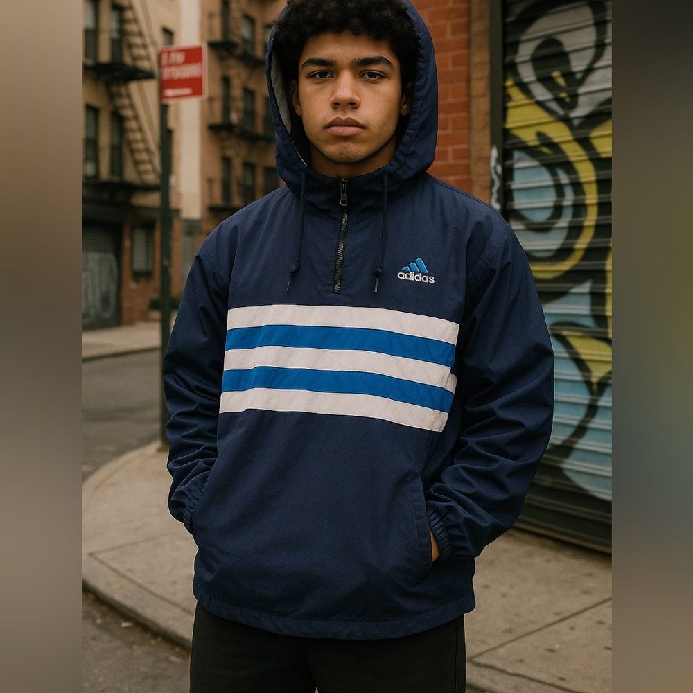 90s Adidas Navy Blue 3 Stripe‎ Windbreaker